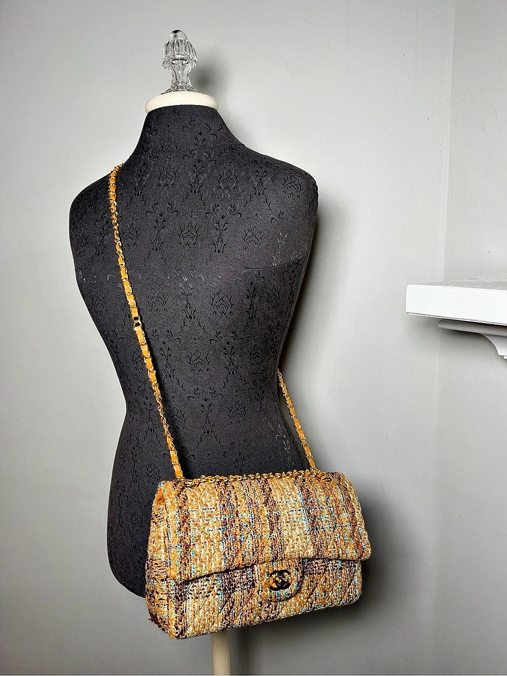 Chanel Brown and Orange Wool/Multicolor Tweed Shoulder Bag Womens